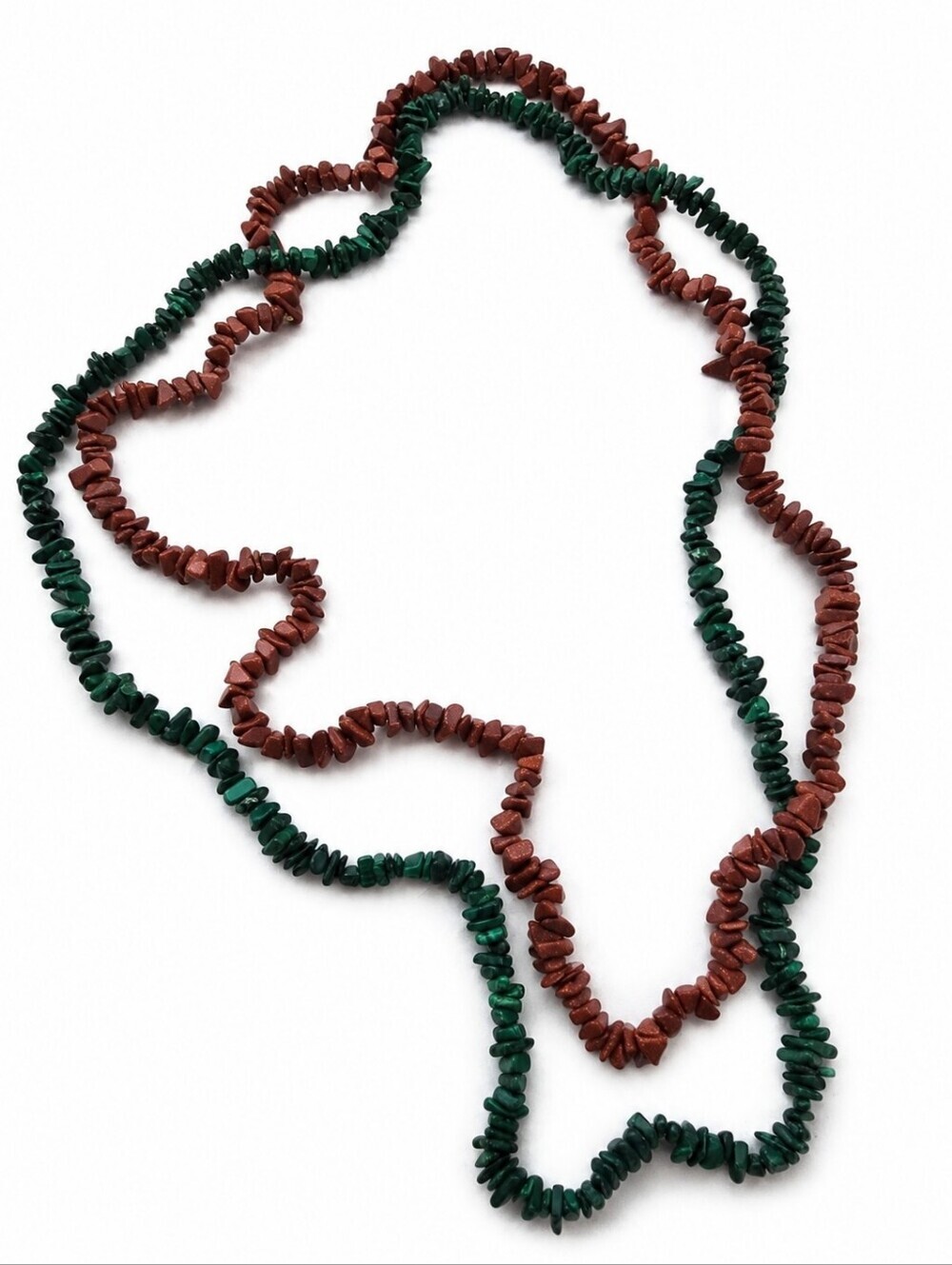 Vintage Green Malachite & Brown Goldstone StyleStone Necklace Set Boho Layered